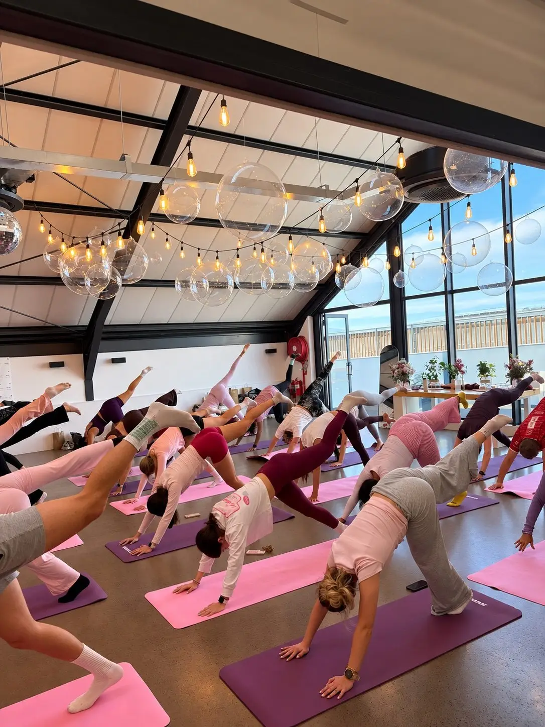 Women in downward dog across a sunlit studio